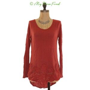 Chloe K Applique Hem Top Size S Long Sleeve Knit Linen Blend Rust Red EUC B46